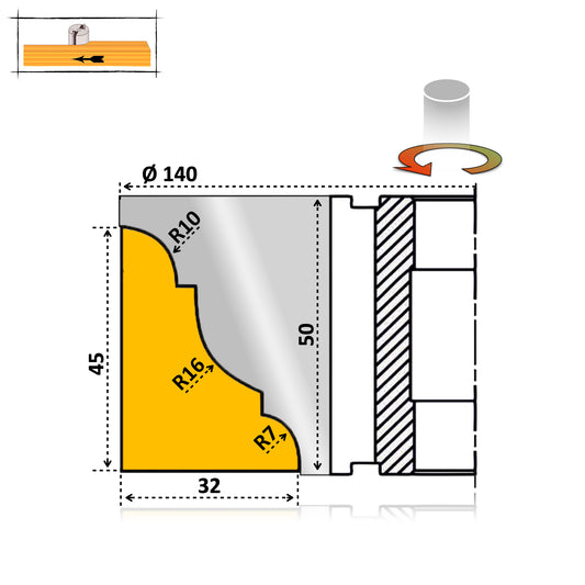 Freza profesională pentru cornișe și plinte, 50 mm, HSS brazat – rezistență ridicată, tăieturi netede și performanță în prelucrarea lemnului.