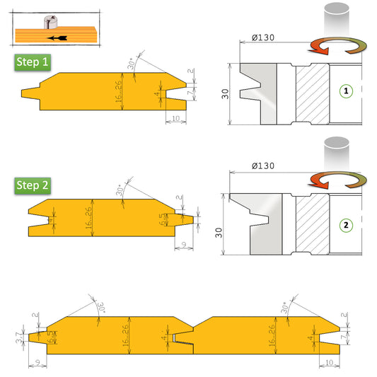 Set Freze pentru Lambriu cu Profil Oblic la 30 Grade pentru lemn esenta moale si tare de grosime de lucuru 16 - 26 mm cu profil direct in V i imbinare conica