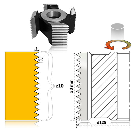 Freză profesională pentru lemn, placată cu HSS, 10 dinți, diametru 125 mm, îmbinări latitudinale până la 50 mm.