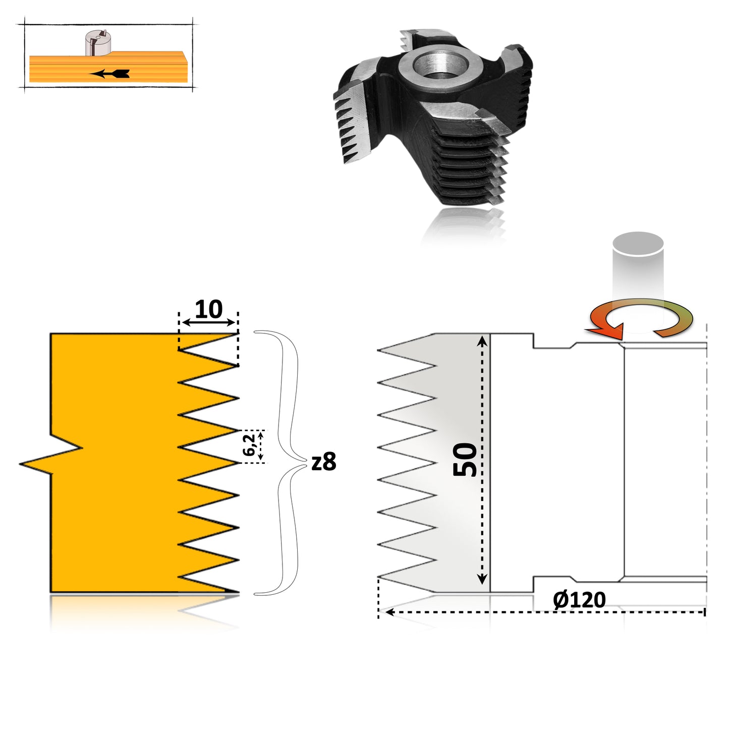 Freza imbinare lemn in 8 dinti pe toata suprafata de 50 mm esenta moale sau tare calitate hss