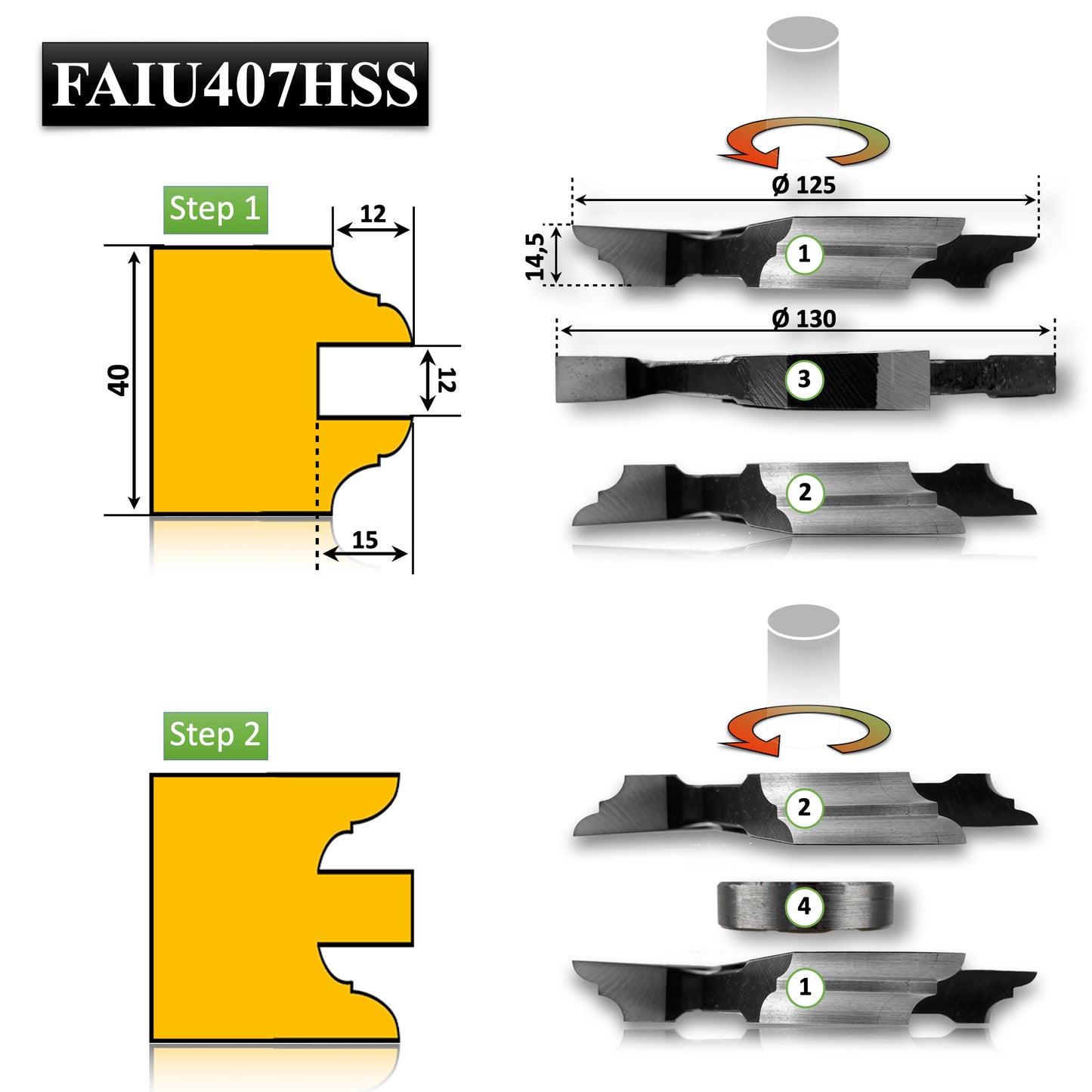 Freze profil-contraprofil, 40 mm, HSS – set complet cu 3 freze + inel distanțier. Ideal pentru fabricarea ușilor din lemn cu îmbinări estetice și rezistente.