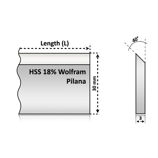 Schiță tehnică cuțit rindeluire Pilana HSS 18%W, înălțime 30mm, grosime 3mm, profil tăiș ascuțit pentru utilaje de tâmplărie industrială SolGrat.