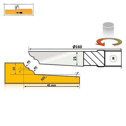 Freza Tablie Mobila 45 mm Hss cu un profil treptat regal cu raza 6 mm freza dreapta deasupra lemnului