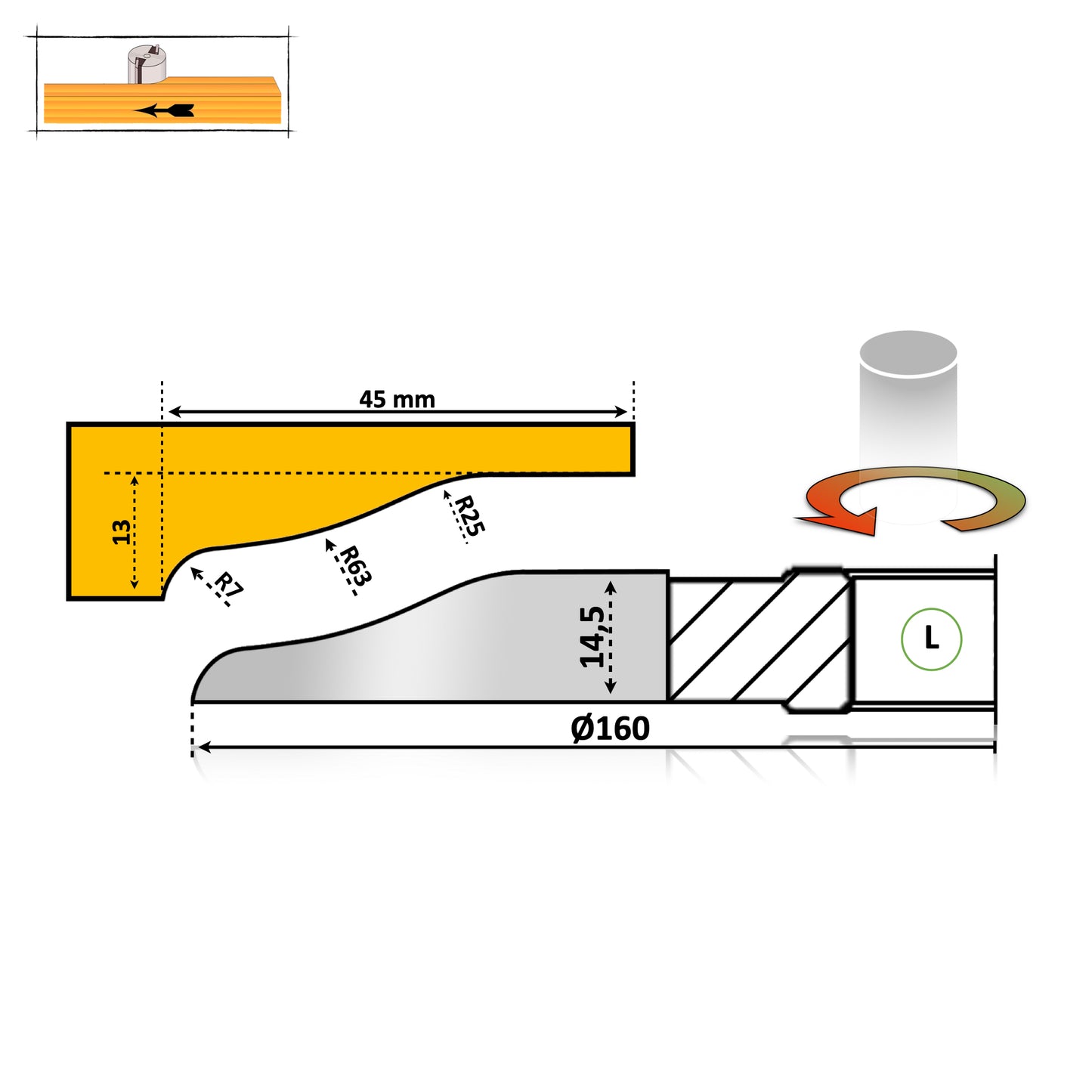 Freza tablie mobila cu adancime de 45 mm cu un profil neted valuros cu partea activa sub lemn