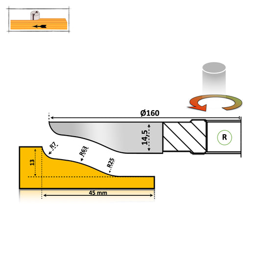 Freza tablie mobila cu adancime de 45 mm cu un profil neted valuros cu partea activa asupea lemnului