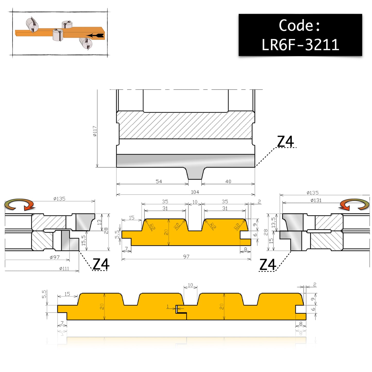 Set 5 Freze pentru Lambriu Tip Panou Riflaj de 100 mm pe 20 mm grosime cu 2 ghiburi