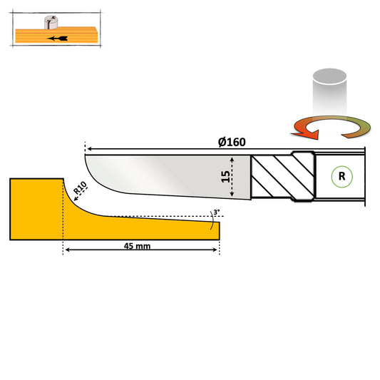Freza Tablie Mobila cu adancime profil de 45 mm cu un design simplu si neted cu o raza rotunjita mica pe capat cu rotatie spre dreapta, asupra lemnului pentru masina de frezat clasica