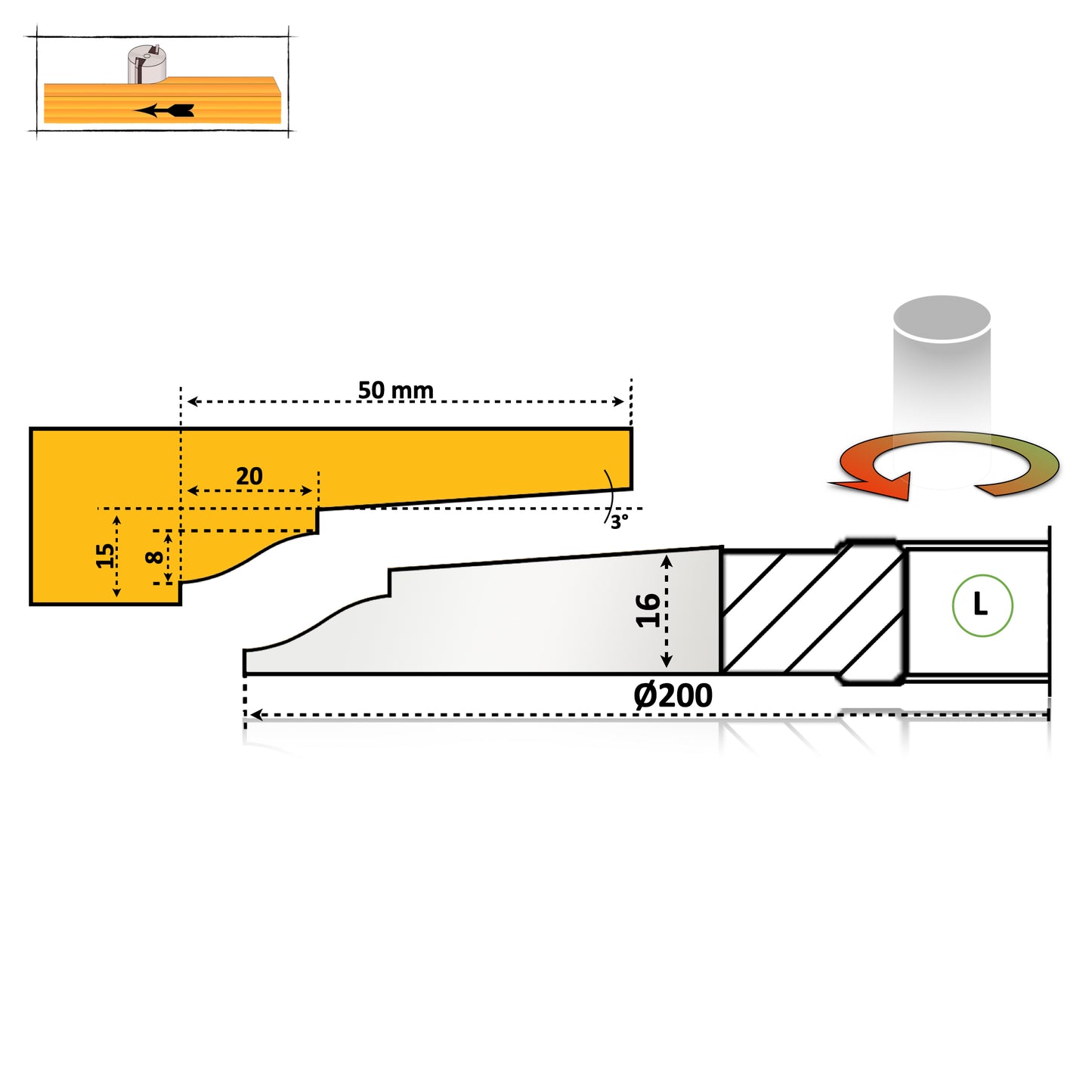 Freza diamentru 200 mm pentru tablie usi cu un profil simplu valuros cu 2 nututri si cu razele de 20 mm cu partea activa sub scandura
