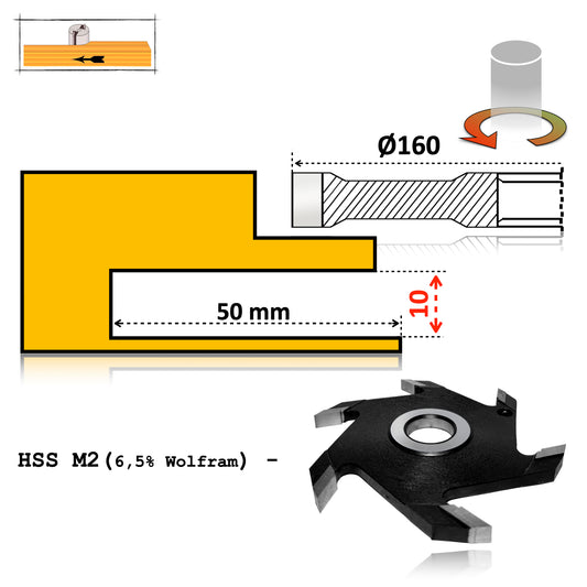Freză pentru uluc și caneluri, 160 x 10 mm, cu plăcuțe HSS M2 otel rapid – tăieri curate și durabile în lemn masiv.