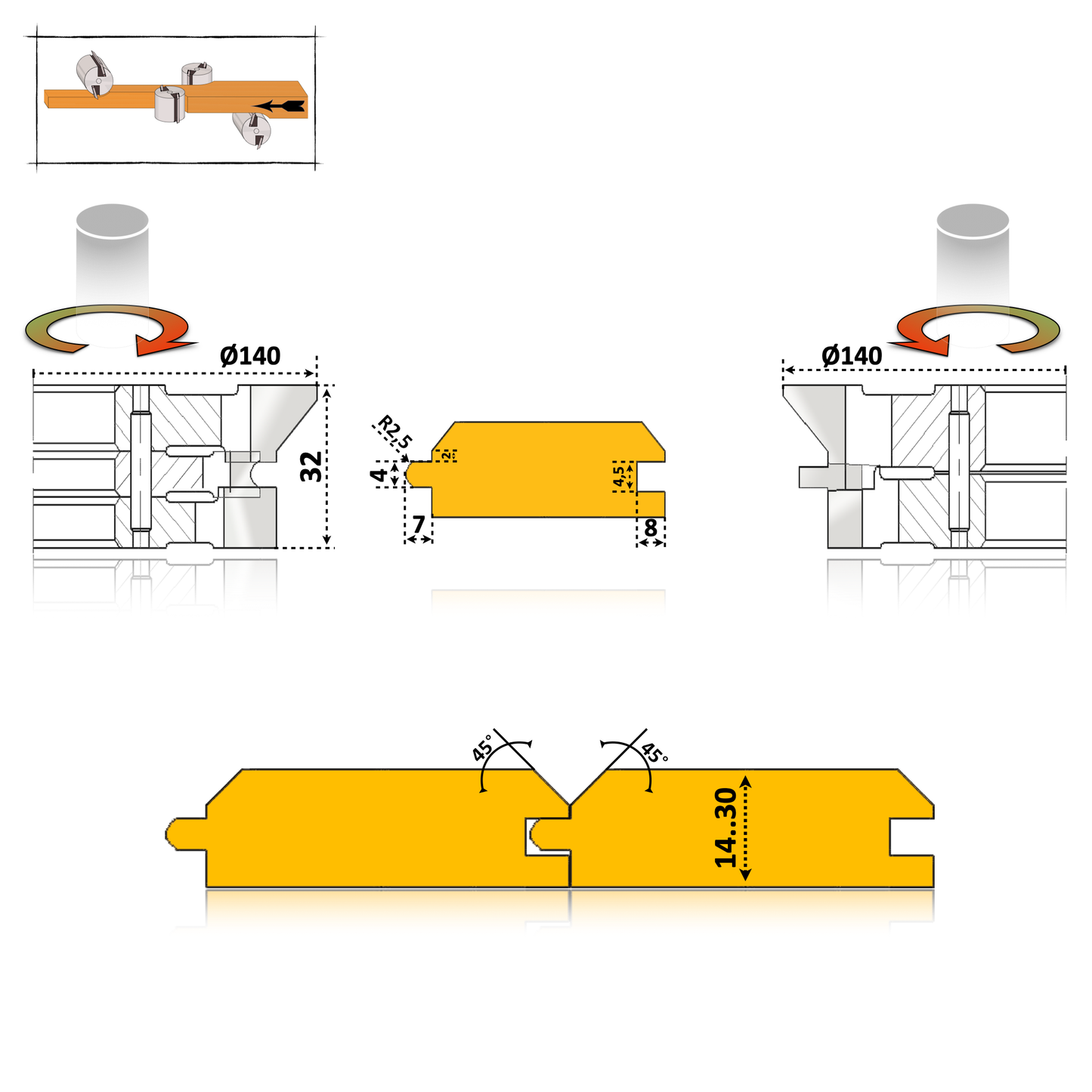 Set freze lambriu pentru masina 4 fete cu profil tesit la 45 grade cu deschidere de 90 grade pentru lemn esenta moale si tare la casute, cabane