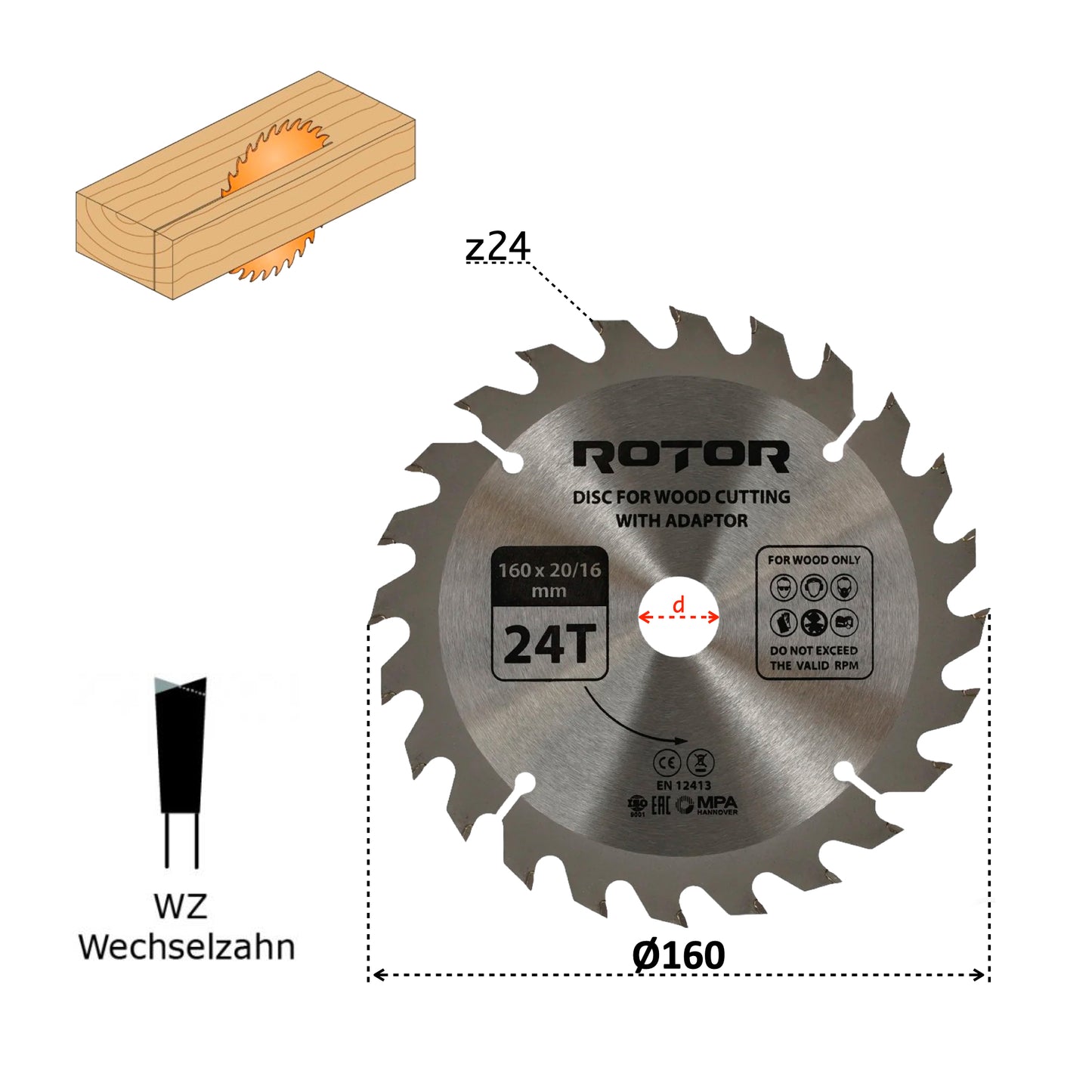 Disc de Tăiat Lemnul 160×20/16 mm, 24 Dinți (24T) cu Inel de Reducție – ROTOR