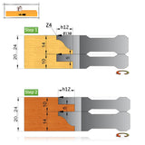 Technical drawing furniture router bits 02.02 – profile depth h12, Ø130 mm, Z4, material 20–24 mm, steps 1 and 2 profile-counterprofile
