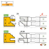 Desen tehnic freze mobilă 02.03 – adâncime profil h14, Ø130 mm, Z4, material 20–24 mm, pașii 1 și 2 profil-contraprofil