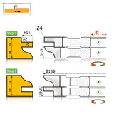 Desen tehnic freze mobilă 02.04 – adâncime profil h14, Ø130 mm, Z4, material 20–24 mm, pașii 1 și 2 profil-contraprofil