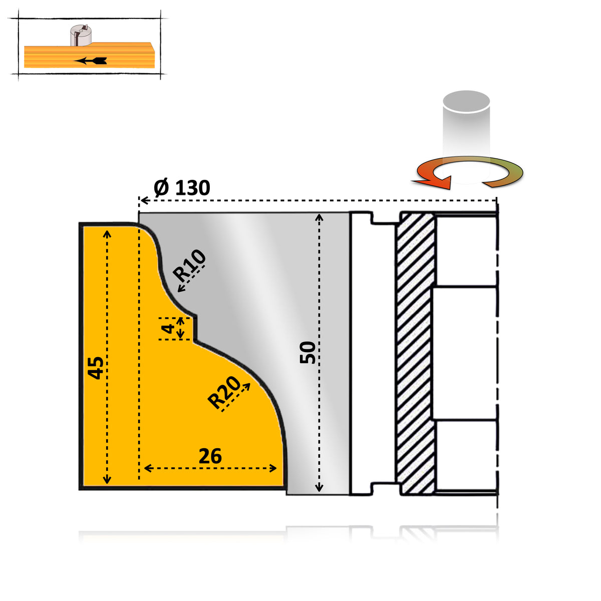 Freza Alezaj  brazata cu Hss pentru realizare cornisa de mobilier din lemn de 45 mm inaltime cu adancime de 24 mm cu un profil regal 