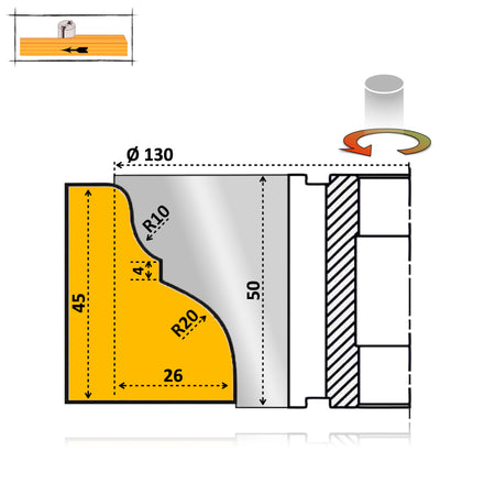 Freza Alezaj  brazata cu Hss pentru realizare cornisa de mobilier din lemn de 45 mm inaltime cu adancime de 24 mm cu un profil regal 