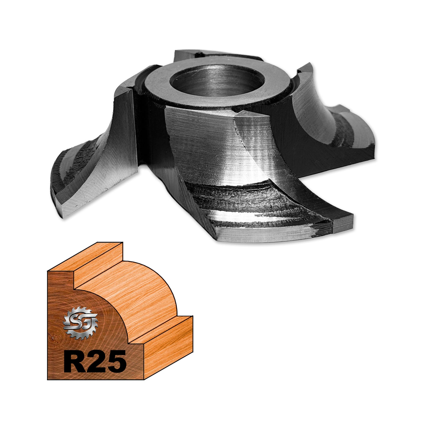 Freza sfert de cerc concav R25 placată cu HSS M2 pentru lemn, disponibilă în variante dreapta și stânga, pentru uluci și contururi adânci.