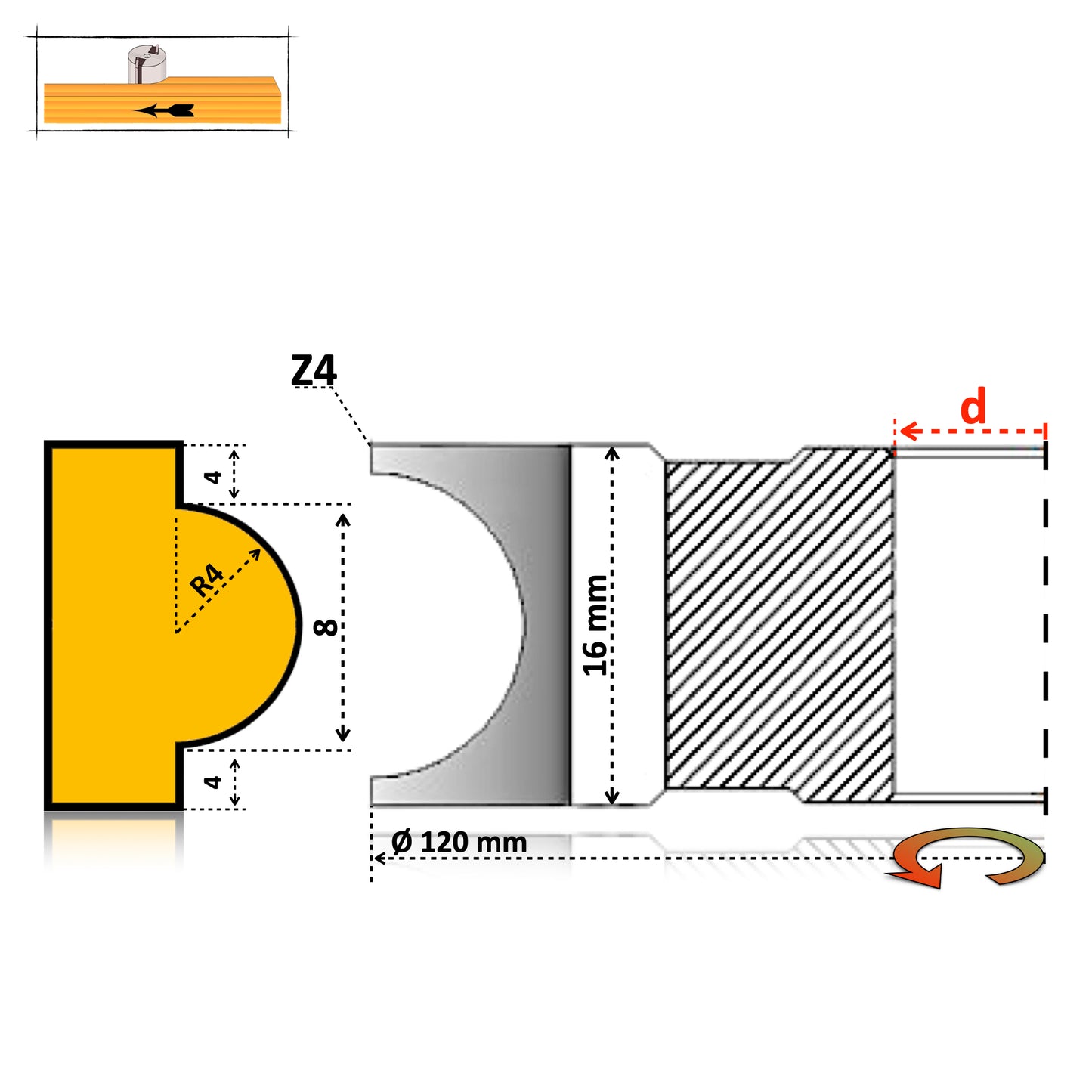 Half-Round Concave Cutter for Wood R3 - R60 mm | HSS Premium