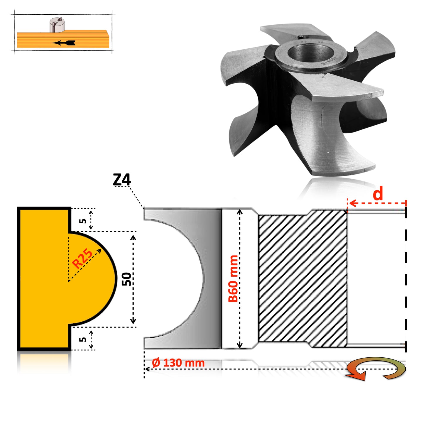 Half-Round Concave Cutter for Wood R3 - R60 mm | HSS Premium