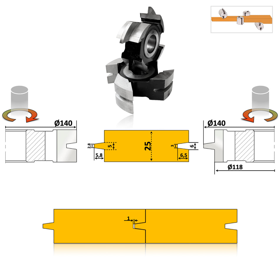 Freza îmbinare conică 25 mm, HSS, alezaj 40 mm, pentru mașini 4 fețe