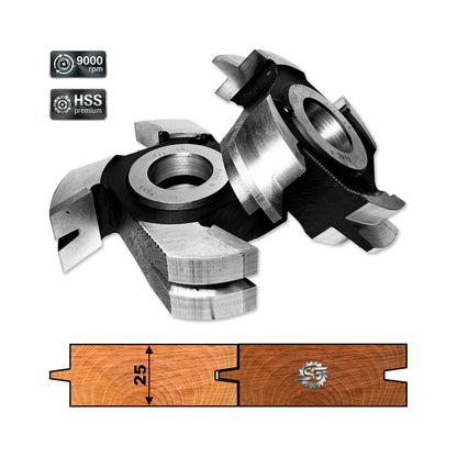 set Freze nut si feder sau lamba si uluc pentru dusumea, dulap, pardosea, parchet de 25 mm esenta moale si tare de lemn