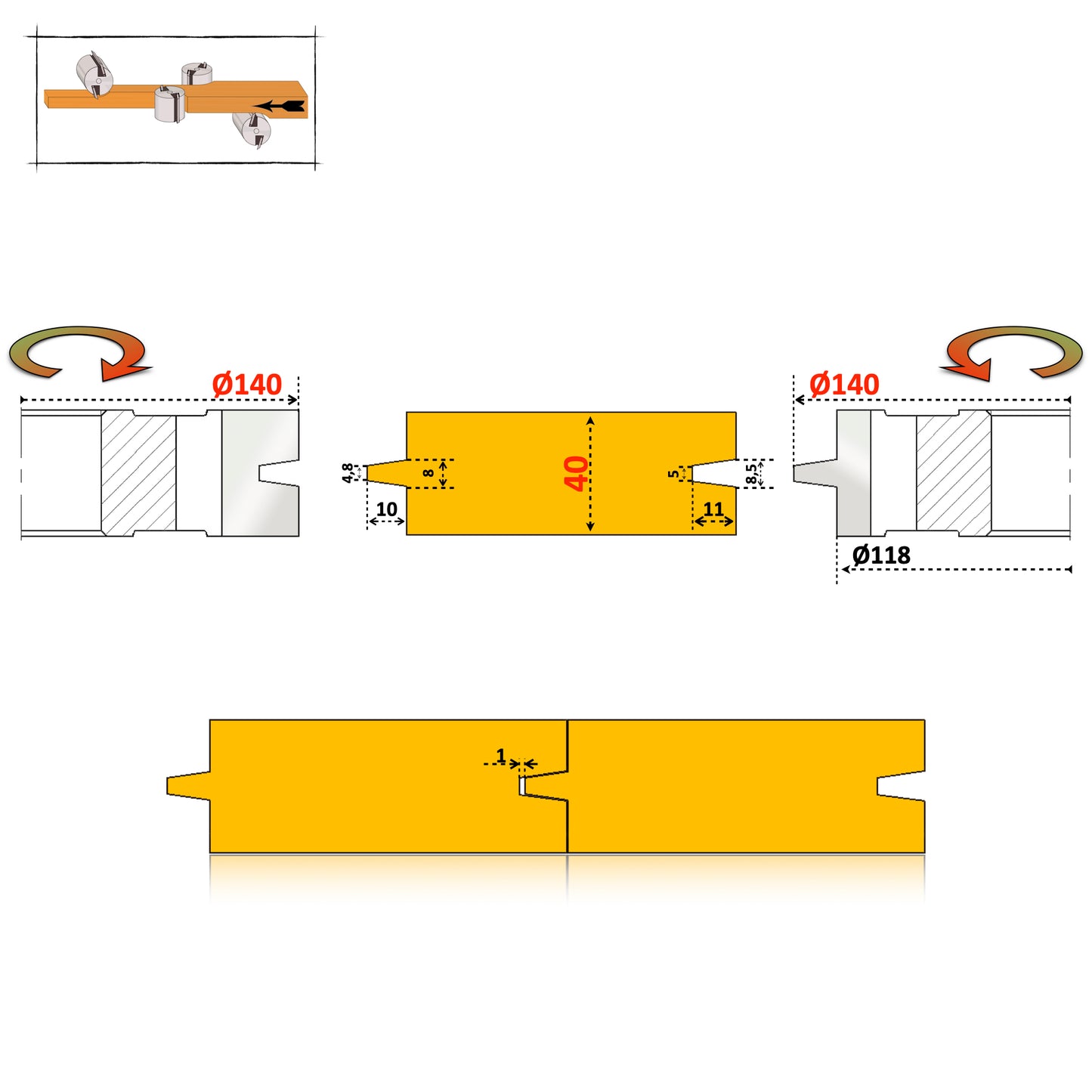 Set 2 Freze Îmbinare Nut și Feder Conic - D140 | d40 | B=25 - 50 mm HSS Premium