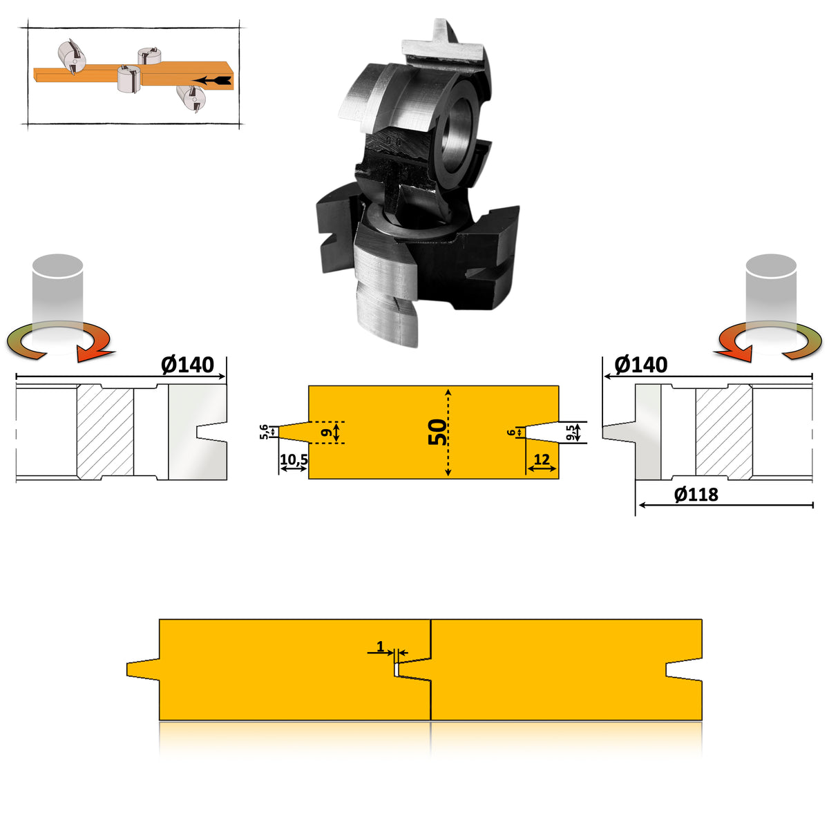Freza 50 mm conică nut-feder din HSS, alezaj 40 mm, pentru mașini 4 fețe