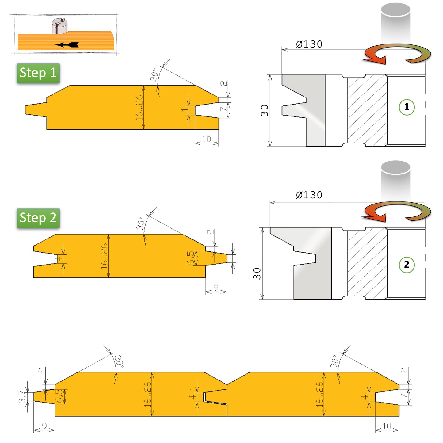 Set Freze pentru Lambriu cu Profil Oblic la 30 Grade pentru lemn esenta moale si tare de grosime de lucuru 16 - 26 mm cu profil direct in V i imbinare conica