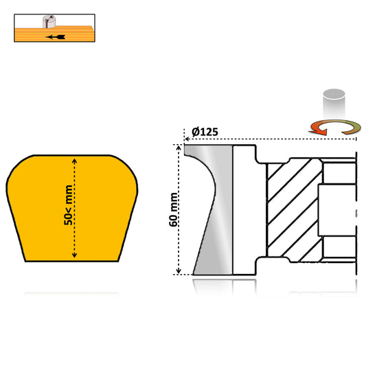Freza pentru balustrada mana curenta cu profil simplu nclinat pentru lemn masiv sau moale cu grosime de 50 - 60 mm