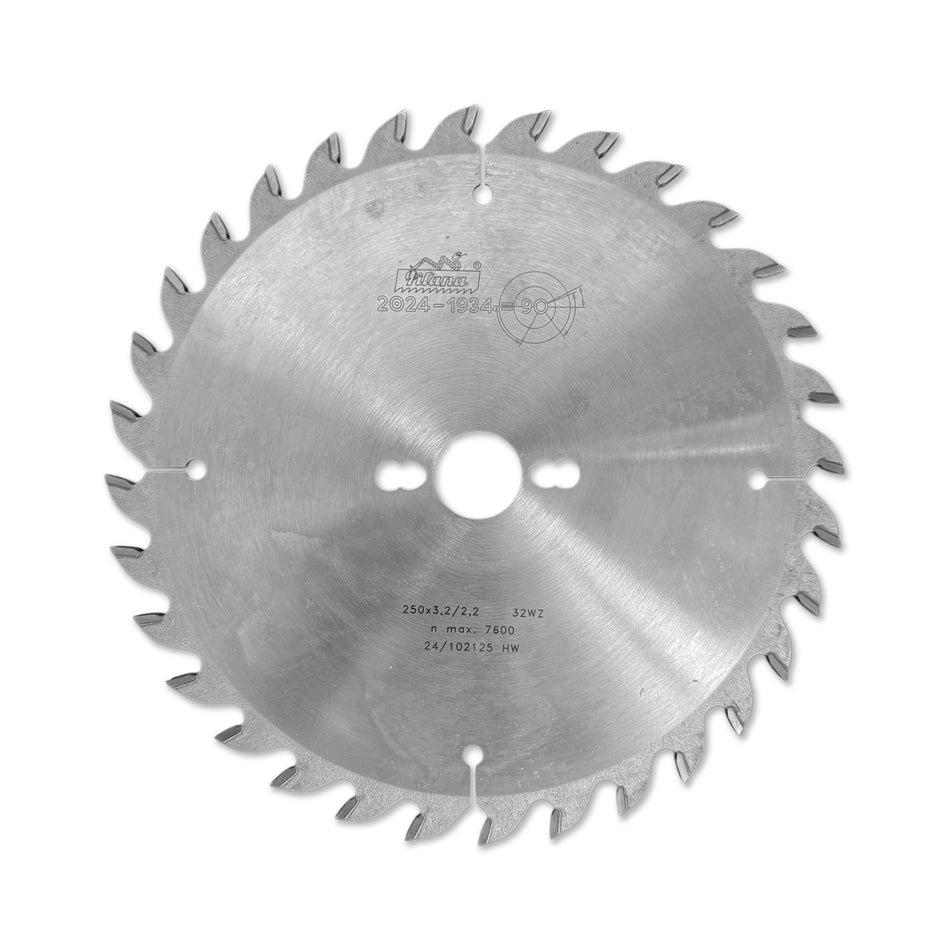 Pânza circulară 250x3.2x30 mm, WZ-32. Oferă tăieri precise și eficiente pentru lemn masiv, PAL, MDF și placaj, cu durabilitate ridicată.