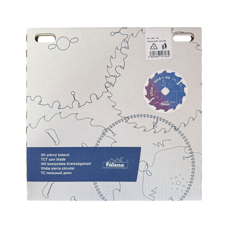 Vedere frontala panza circulara Pilana 250 mm, 24 dinti din carbura metalica pe fundal alb