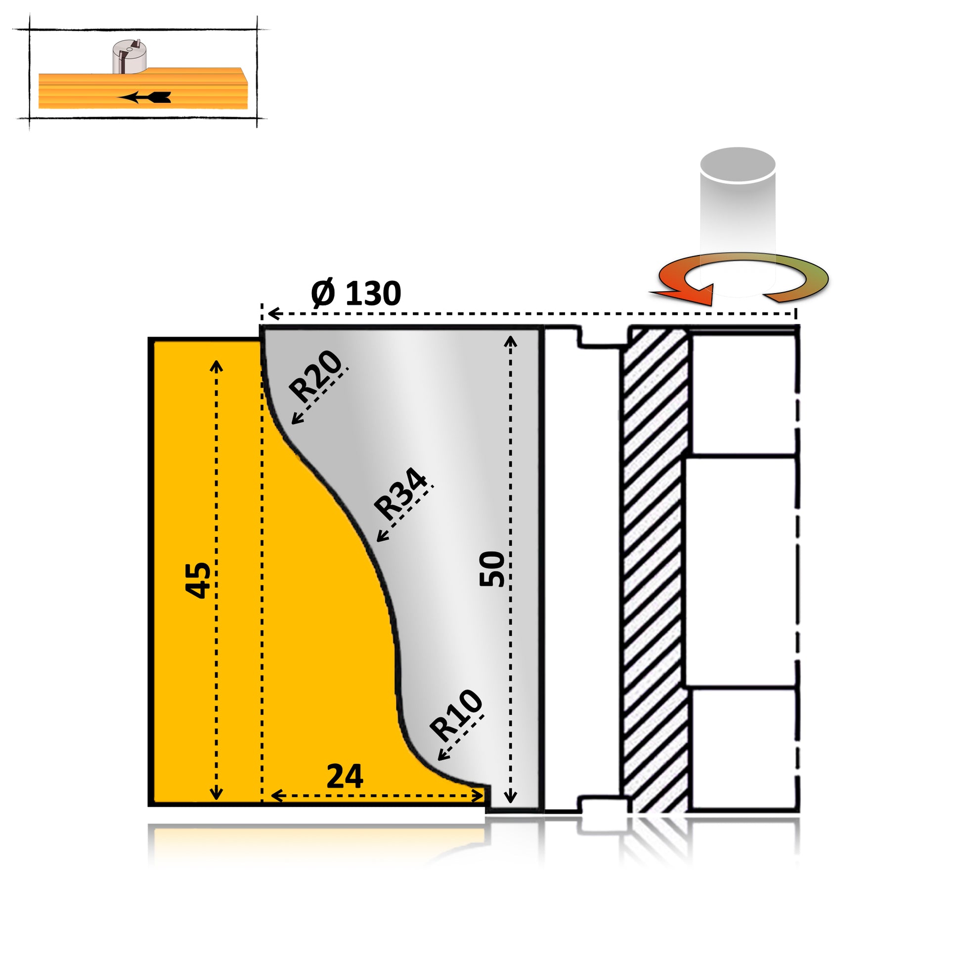 Freza pentru cornisa element decorativ mobilier cu un profil neted si simplu de 50 mm si brazat cu hss pentru esenta moale si tare