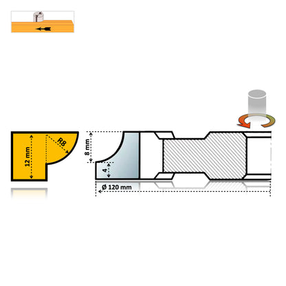 Freza Concavă Sfert de Cerc HSS, rotunjire cant cu raza de 8 mm dimensiuni 120 x 30 x 12 R8 stanga