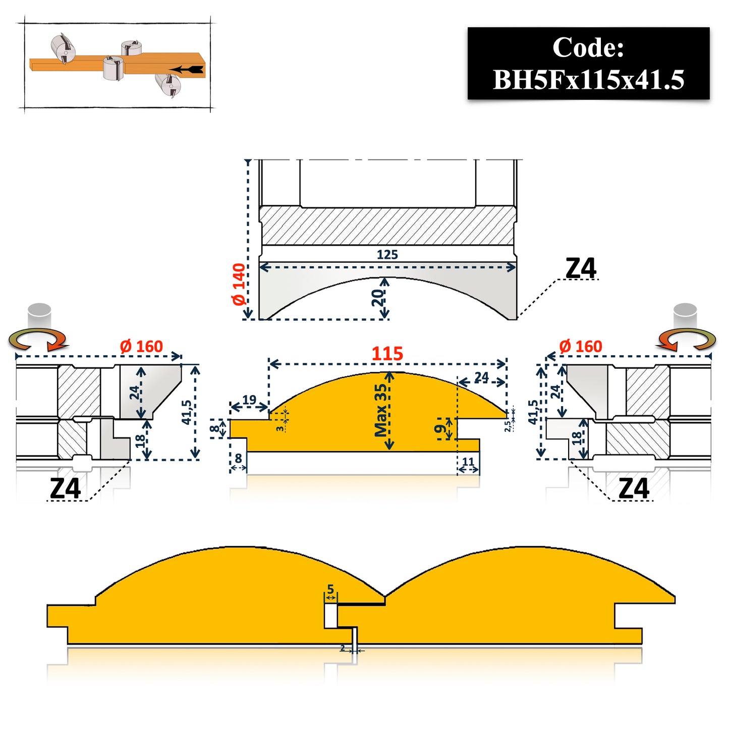 Half-Round Convex Grooving Cutter for Wood 40 mm - R20 HSS Premium