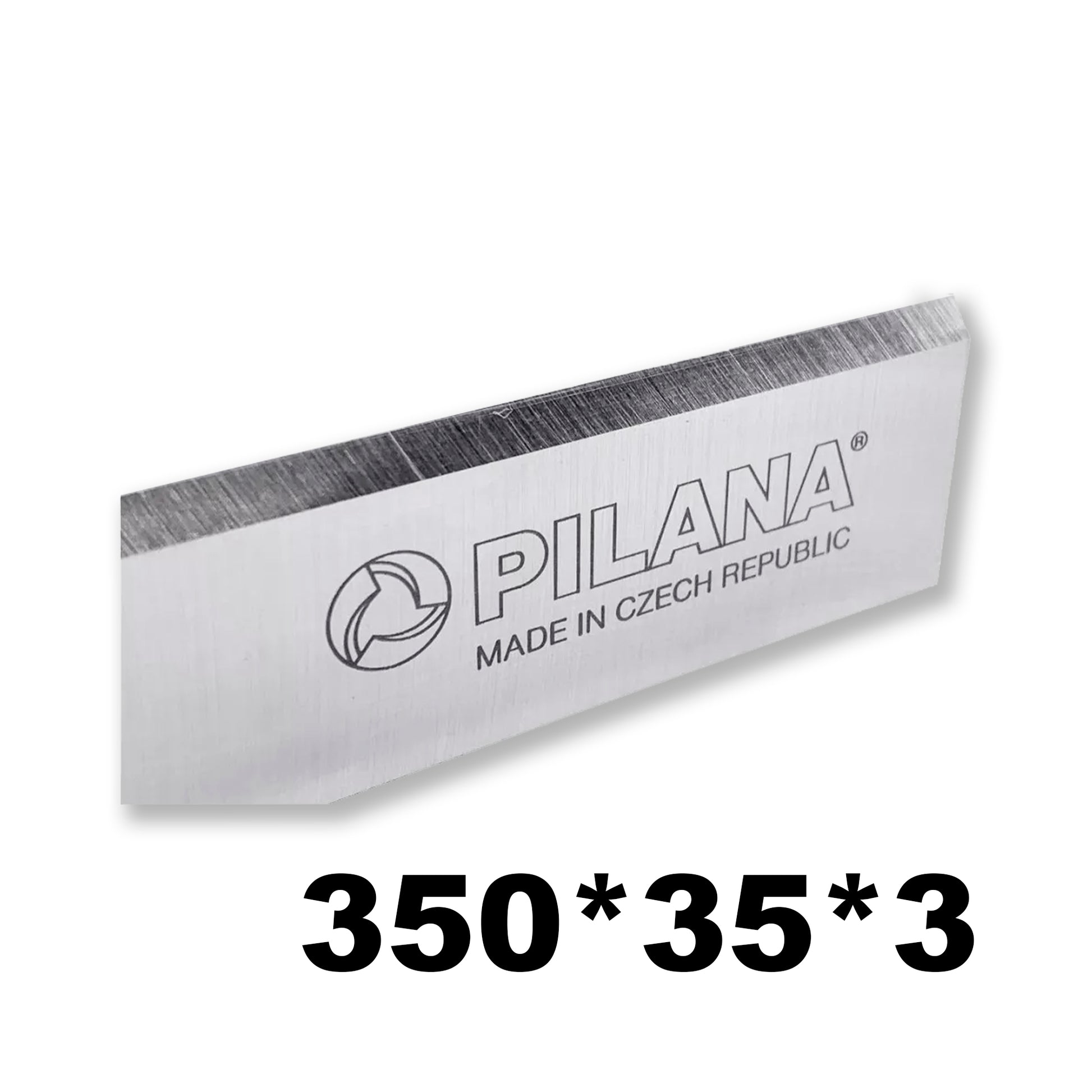 Cuțit de rindeluire Pilana 350 x 35 x 3 mm, special conceput pentru mașini de abric (Abricht). Oțel de calitate superioară pentru durabilitate și tăieri precise în prelucrarea lemnului.