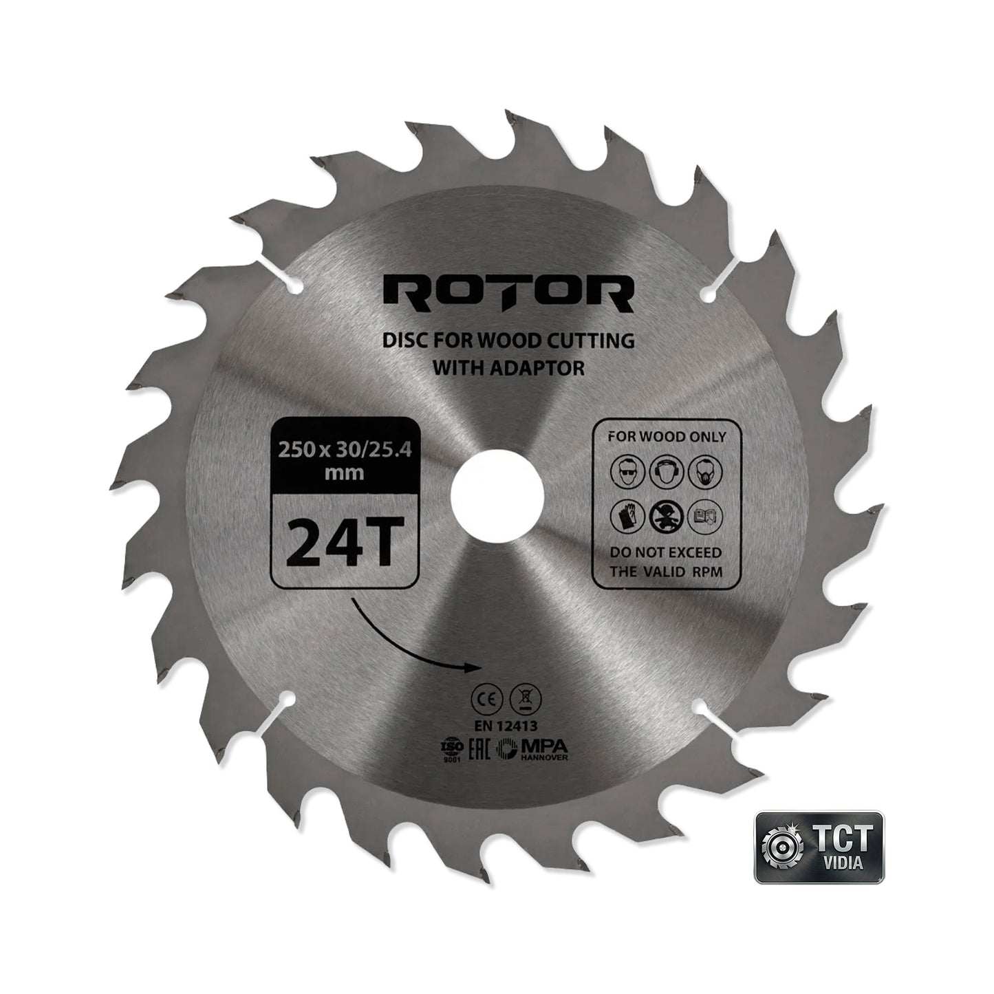 Disc de Tăiat Lemnul 250×30/25 mm, 24 Dinți (24T) cu Inel de Reducție – ROTOR