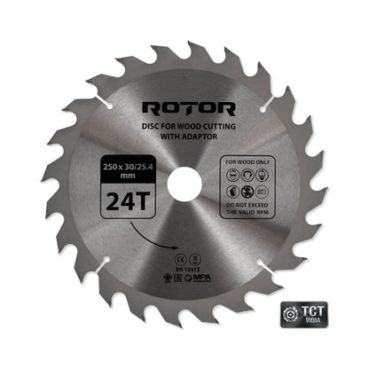 Disc de Tăiat Lemnul 250×30/25 mm, 24 Dinți (24T) cu Inel de Reducție – ROTOR