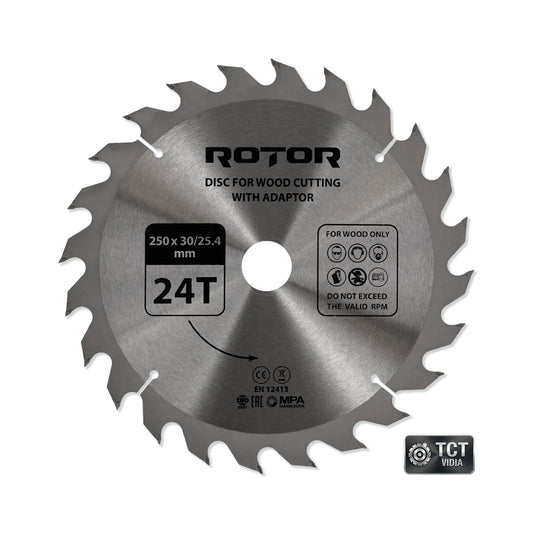 Disc de Tăiat Lemnul 250×30/25 mm, 24 Dinți (24T) cu Inel de Reducție – ROTOR