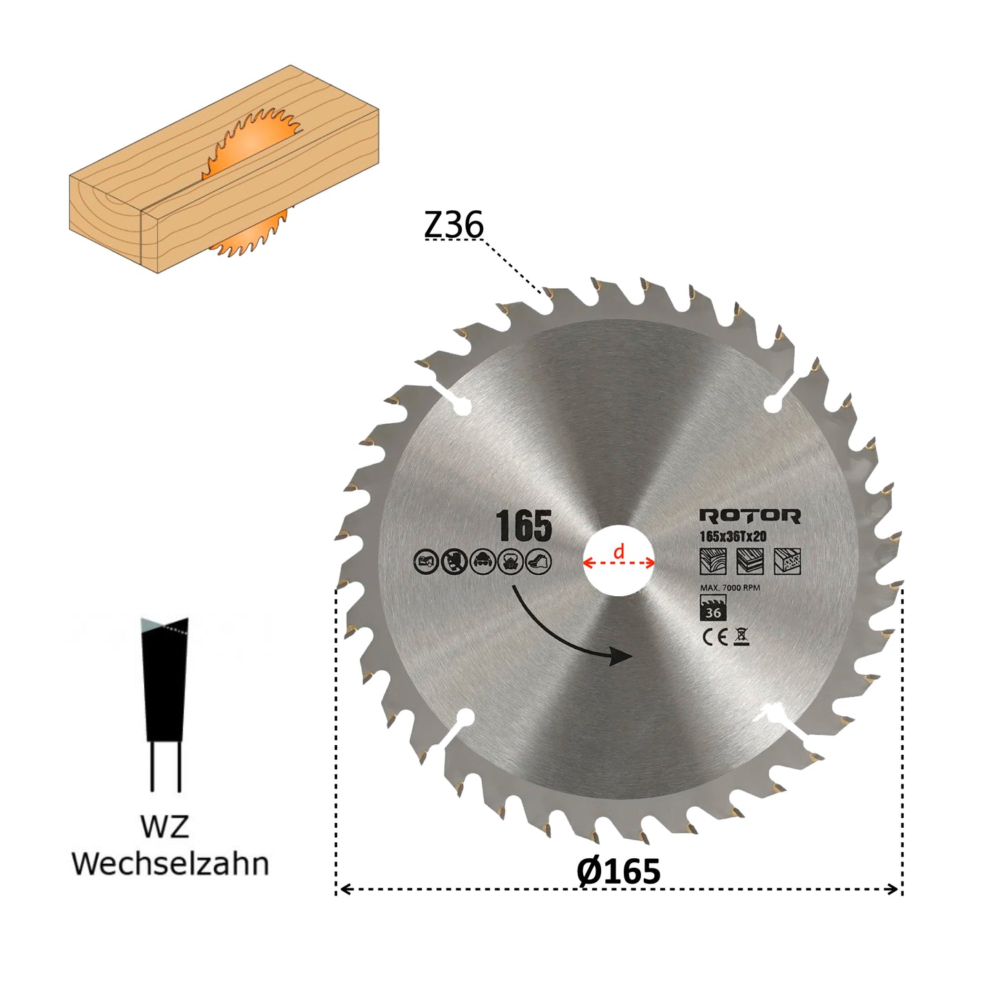 Discuri de Tăiat Lemnul ROTOR 165×20 mm – Variante 36T / 48T / 56T