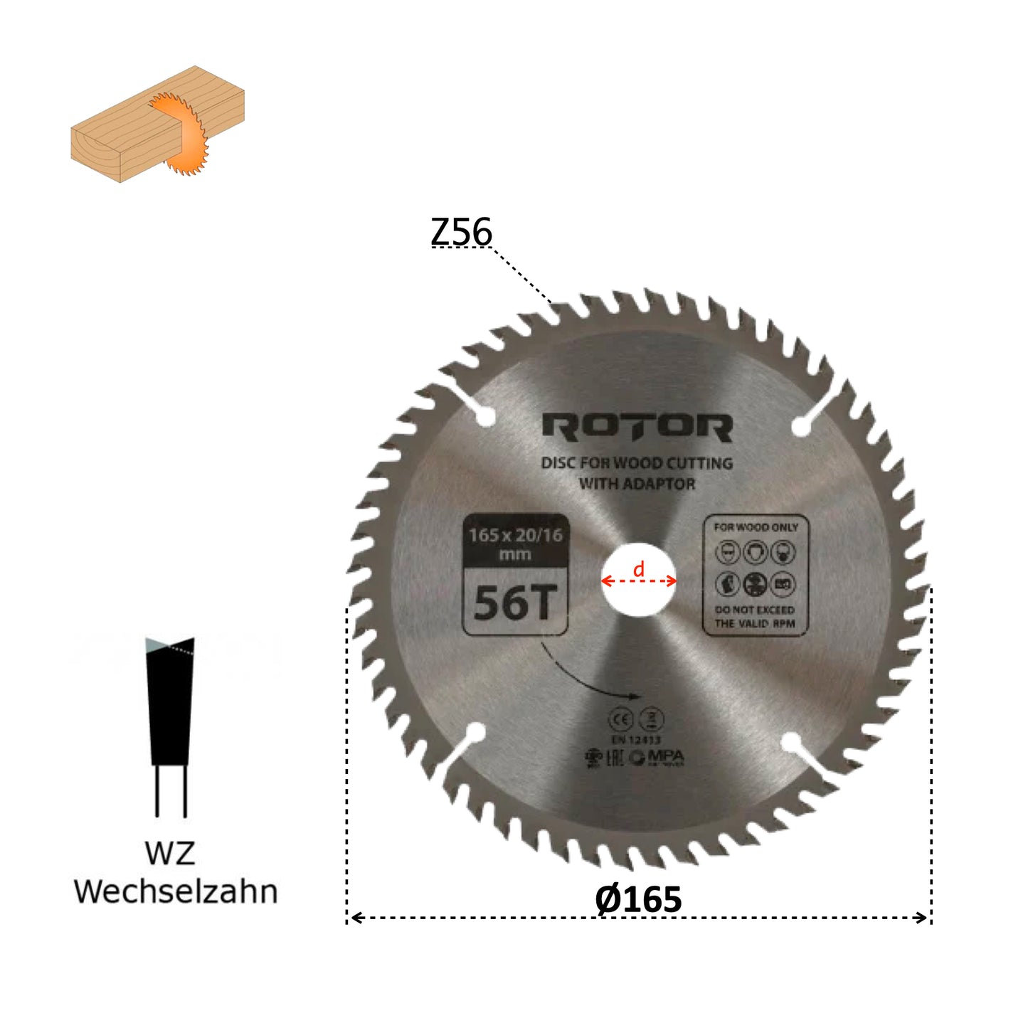 Discuri de Tăiat Lemnul ROTOR 165×20 mm – Variante 36T / 48T / 56T