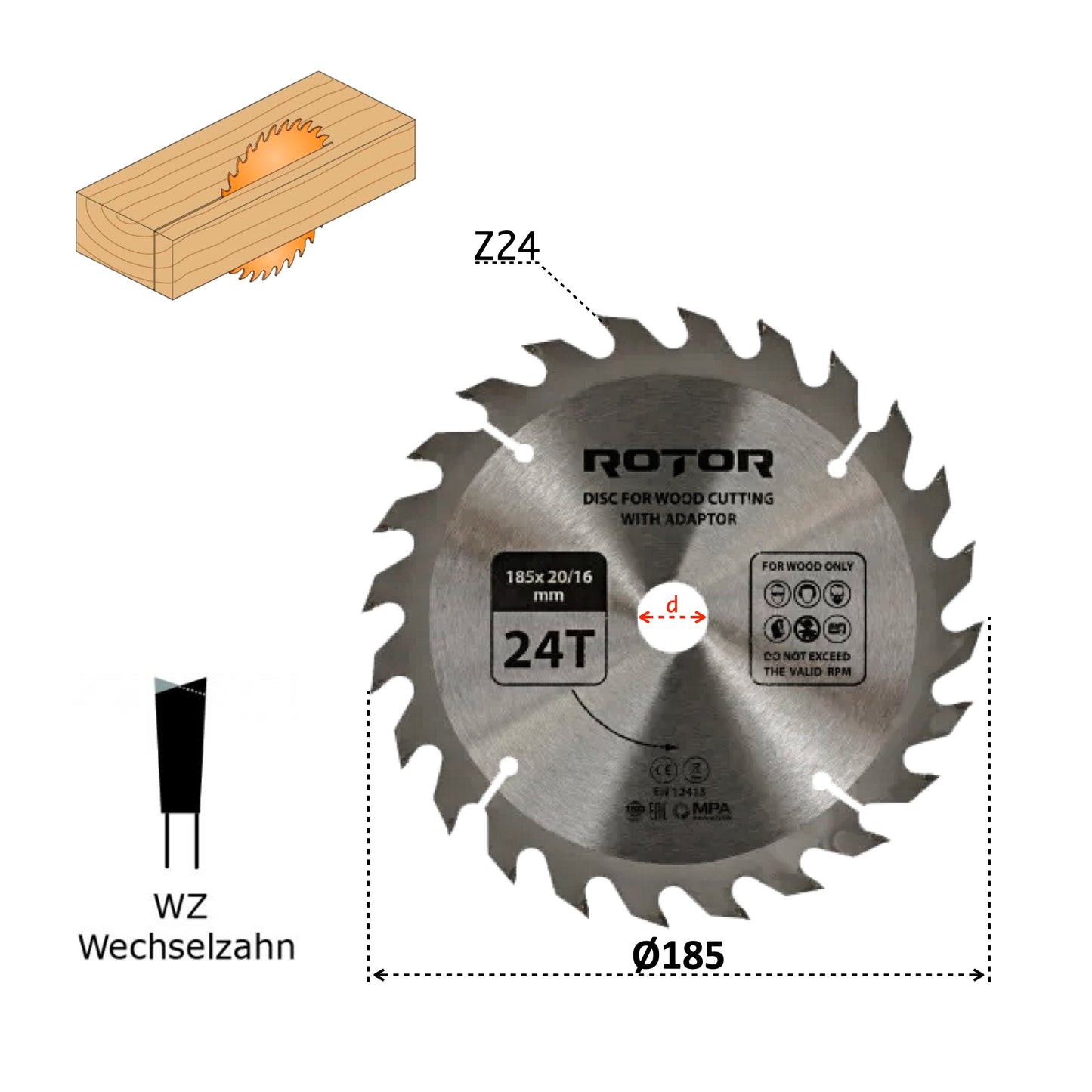 Discuri de Tăiat Lemnul ROTOR 185×20 mm – Variante 24T / 36T / 40T / 48T
