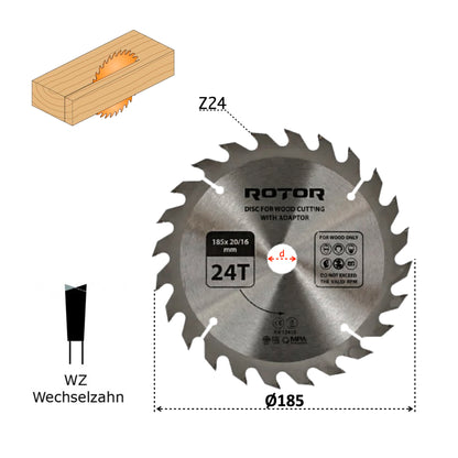 Discuri de Tăiat Lemnul ROTOR 185×20 mm – Variante 24T / 36T / 40T / 48T