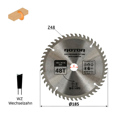 Discuri de Tăiat Lemnul ROTOR 185×20 mm – Variante 24T / 36T / 40T / 48T