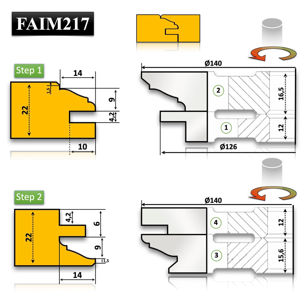 Set Freze pentru imbinare mobila la 22 mm placate cu hss pentru lemn masiv sau esenta moale pentru crearea mobilierului decorativ si profesional avand in set profil si contraprofil din 4 freze 