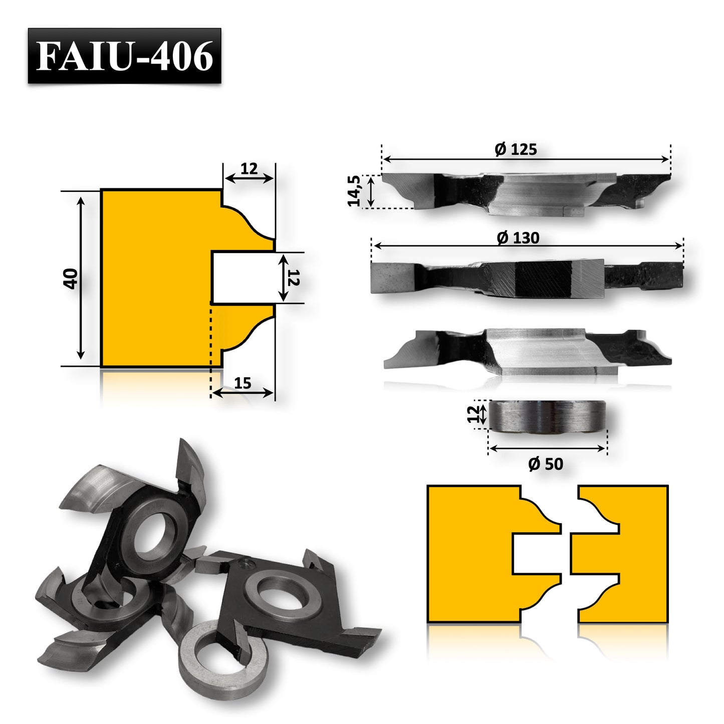 Freze profil-contraprofil, 40 mm, HSS – set complet cu 3 freze + inel distanțier. Ideal pentru fabricarea ușilor din lemn cu îmbinări estetice și rezistente.