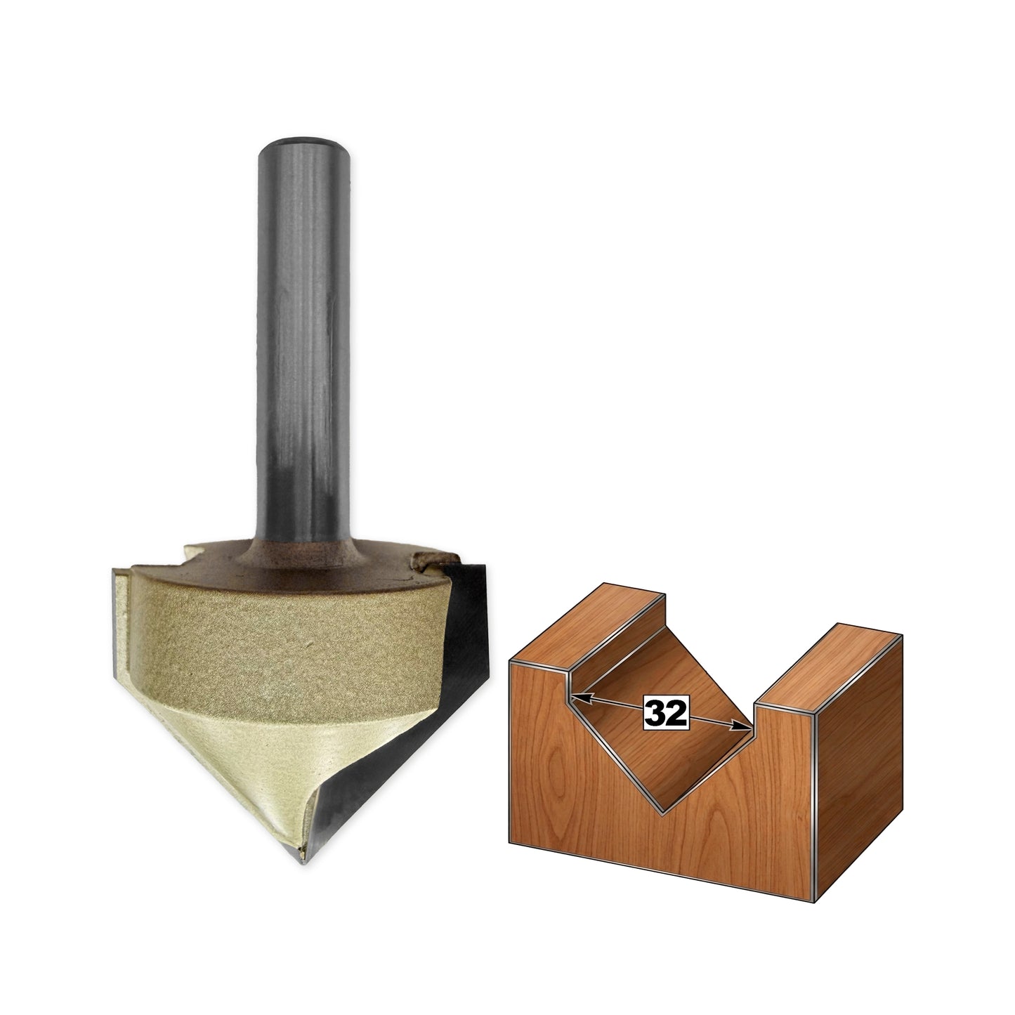 Freză cu Coadă pentru Caneluri în "V" D=32mm, S=8mm, Lc=25.5mm, Z2 – T.C.T. (Vidia) – Vatzo