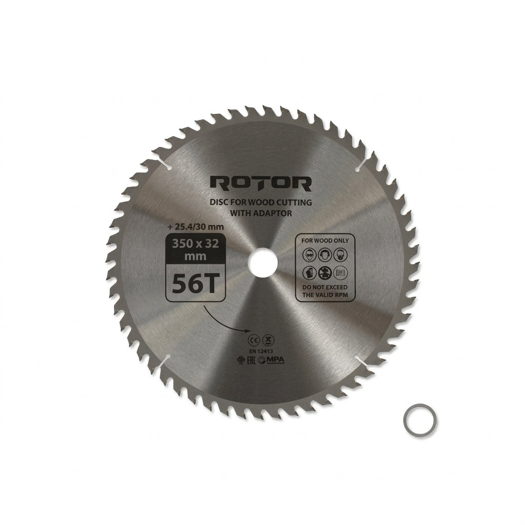 Disc de tăiat lemnul ROTOR 350×32 mm, 56 dinți T.C.T. Vidia, cu inele de reducție 30 / 25,4 mm