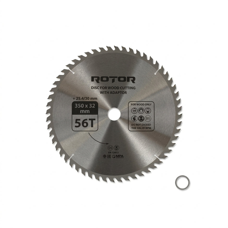 Disc de tăiat lemnul ROTOR 350×32 mm, 56 dinți T.C.T. Vidia, cu inele de reducție 30 / 25,4 mm