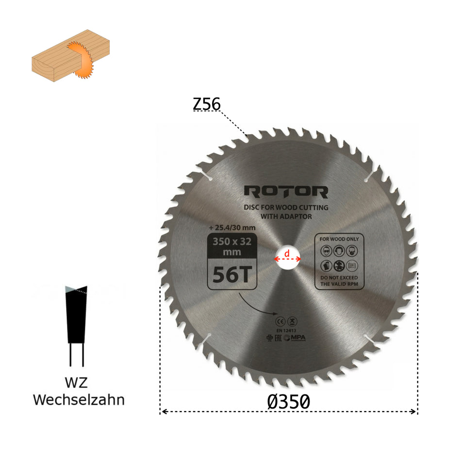 Disc de Tăiat Lemnul 350×32/30/25,4 mm, 56 Dinți (56T) cu Inele de Reducție – ROTOR
