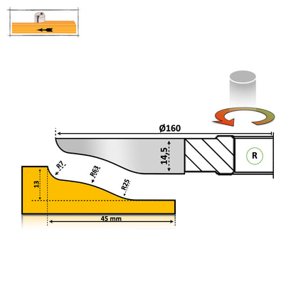 Freza tablie mobila cu adancime de 45 mm cu un profil neted valuros cu partea activa asupea lemnului